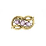 Victorian gold coloured metal and amethyst brooch, 5cm wide, 11.0g, (tests as 9ct gold) :For Further