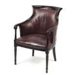 Mahogany and brown leather library chair on tapering legs, 91cm high :For Further Condition