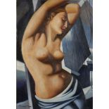 After Tamara de Lempicka - Portrait of a semi nude Art Deco female, oil on board, framed, 60cm x
