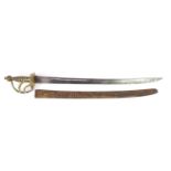 18th century British infantry sabre with scabbard by Samuel Harvey, the brass guard engraved Denbigh