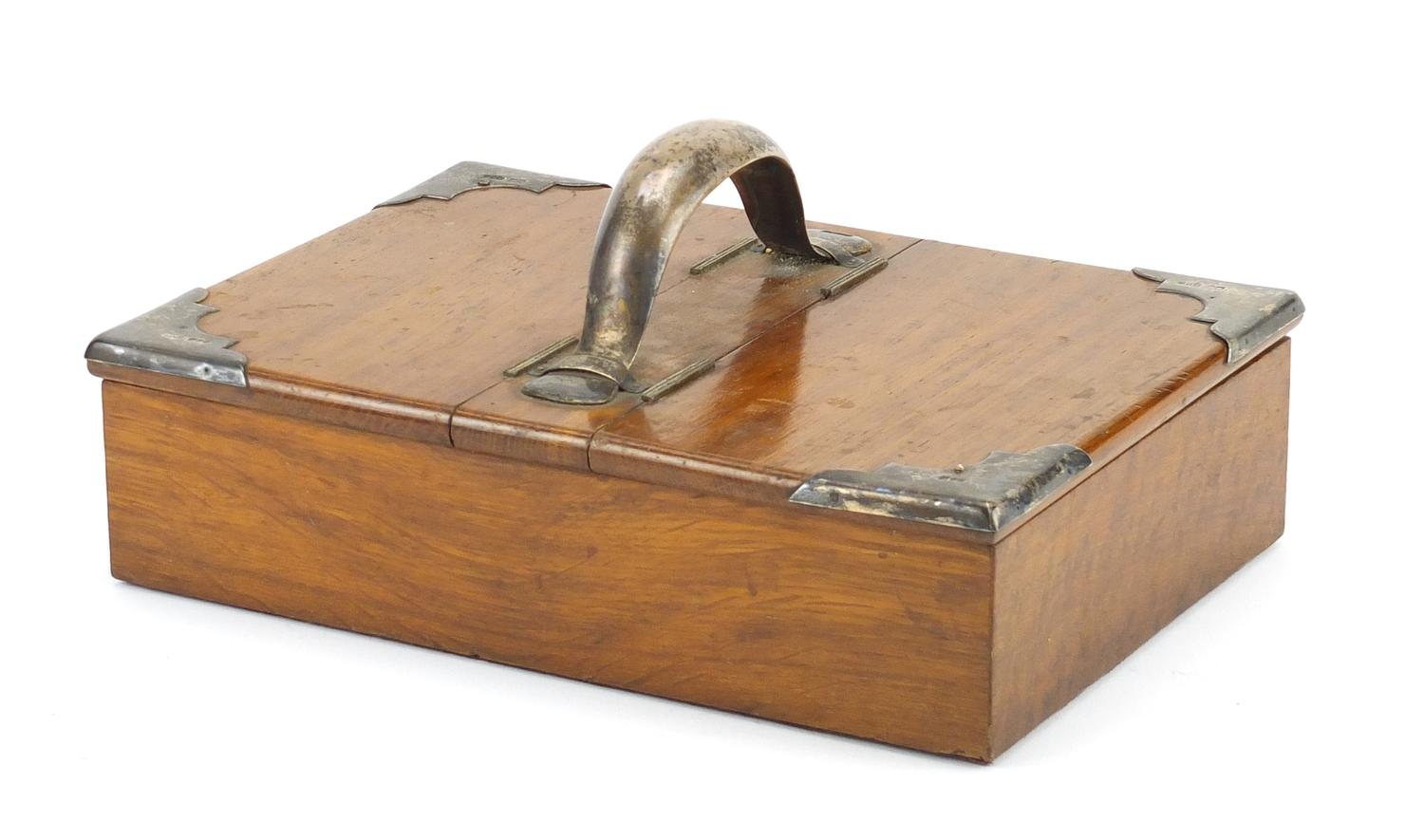 Edwardian oak cigar box with silver mounts and handle by Mappin & Webb, indistinct London hallmarks, - Image 9 of 10