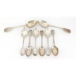 Eight Victorian silver spoons including a pair of tablespoons, various dates, the largest 22cm in