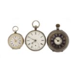 Three silver pocket watches including a half hunter, the largest 4.5cm in diameter :For Further