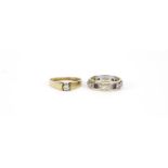 9ct gold blue and clear stone eternity ring, size K and a 9ct gold clear stone solitaire ring,