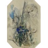 Nude female with flowers, mixed media, bearing an indistinct signature possibly M Faln, framed 16.