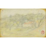Landscape with an orange topped building, pencil on paper, bearing a red stamp, mounted and