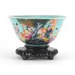 Chinese porcelain turquoise ground bowl, finely hand painted with figures in a palace setting,