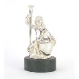 Silver coloured metal angel design posy holder and inkwell with glass liner, raised on circular