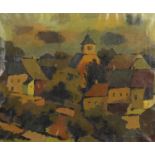 Rooftop townscape, oil on canvas, bearing an indistinct signature possibly Cfileliu, framed, 58cm