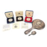 Three silver proof commemorative crowns and two silver hand mirrors including miniature example :For