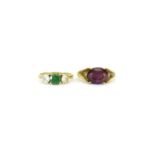9ct gold amethyst ring, size M and a 9ct gold green and clear stone ring, size J, 4.7g :For