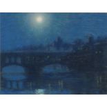 Bridge over the Thames in moonlight, coloured chalks, bearing an indistinct signature, mounted and