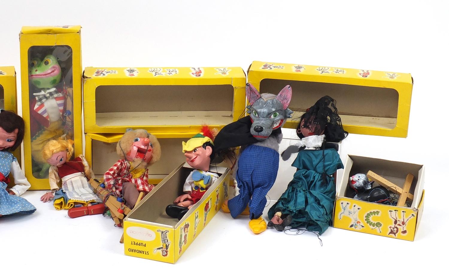 Ten vintage Pelham puppets, eight with boxes including Big Bad Wolf, frog and Pinocchio :For Further - Image 3 of 9