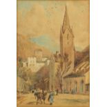 Entrance to Feldkirch, thought to be Switzerland, watercolour and body colour, New Zealand label and