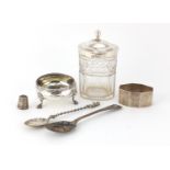 Georgian and later silver objects including a cut glass preserve jar, three footed salt and