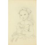 Manner of Leonard Tsuguharu Foujita - Portrait of a female holding a cat, pencil on paper, framed,