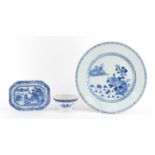 Chinese blue and white porcelain, including a miniature meat platter hand painted with pagodas in