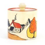 Clarice Cliff Bizarre jam pot and cover, hand painted in the House and Bridge pattern, factory marks