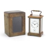 French brass cased carriage alarm clock with subsidiary dial and travelling case, 11.5cm high :For