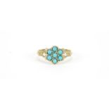 9ct gold turquoise flower head ring, size P, 2.0g :For Further Condition Reports Please Visit Our