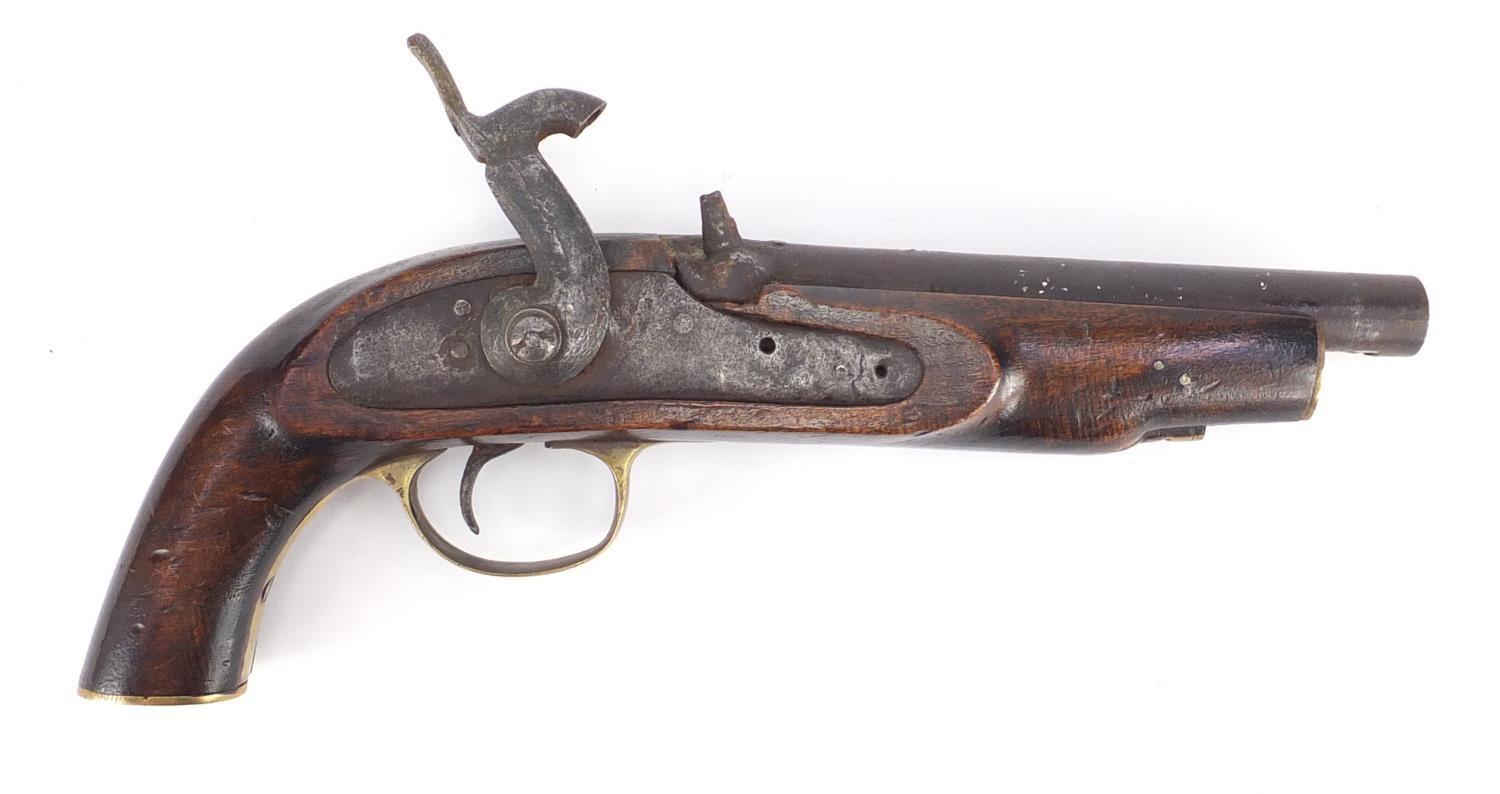 Antique percussion cap pistol with brass mounts, 34cm in length :For Further Condition Reports