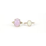 Two 9ct gold cabochon opalescent stone rings, sizes N and P, 4.3g :For Further Condition Reports