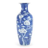 Chinese blue and white porcelain baluster vase, hand painted with prunus flowers, four figure