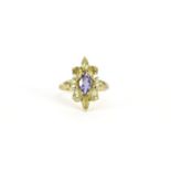 9ct gold citrine, diamond and blue stone flower head ring, size T, 4.2g :For Further Condition