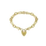 9ct gold three row gate bracelet with love heart shaped padlock, 18cm long, 8.8g :For Further