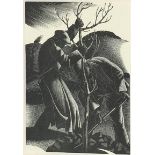 Claire Leighton - Men planting, black and white print, mounted and framed, 17.5cm x 12cm :For
