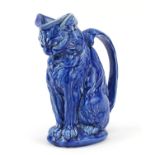 19th century blue glazed pottery cat jug, 25cm high :For Further Condition Reports Please Visit