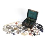 Antique and later jewellery including a large cameo brooch, silver and enamel, jet style