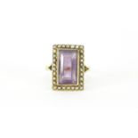 Georgian unmarked gold amethyst and seed pearl ring, size O, 6.2g :For Further Condition Reports