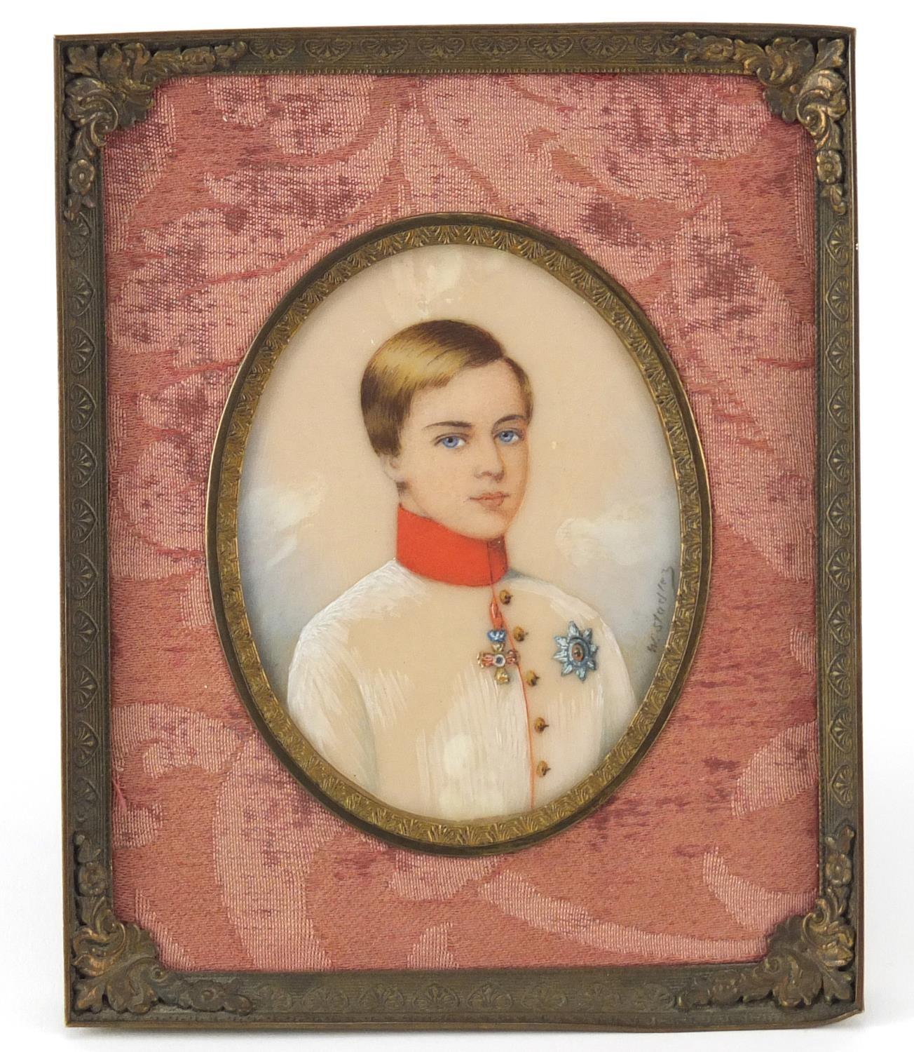 Imperial Russian hand painted portrait miniature on ivory, depicting young Franz Joseph Emperor of
