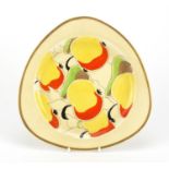 Clarice Cliff Bizarre triangular plate, hand painted in the Eating Apples pattern, 22cm wide :For