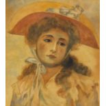 After Renoir - Young girl wearing a bonnet, watercolour and pencil on paper laid on paper, mounted