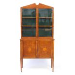 19th century banded and marquetry inlaid display cabinet, with a pair of glazed doors above a pair