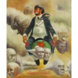 Surreal clown in the sky, Italian school oil on board, bearing a signature Pino, 60cm x 49cm :For