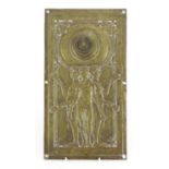 Art Nouveau bronze doorbell plate, cast with three nude young boys, Uno Ittu, 35.5cm x 19.5cm :For
