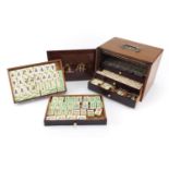 Vintage bone and bamboo Mahjong set by H P Gibson & Son, housed in a five drawer hardwood travel