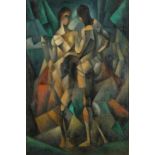 Abstract composition, two cubist figures, oil on board, bearing an indistinct monogram and