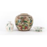 Chinese ceramics including a ginger jar, hand painted in the famille verte palette with warriors and