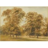 Julius Godet - Building scene through trees, watercolour on paper, Century Galleries details