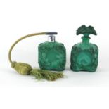 Art Deco malachite glass atomiser and scent bottle, the largest 14cm high :For Further Condition