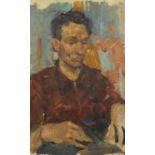 Portrait of a seated man, oil on board, bearing a signature Dunlop, framed, 50cm x 31cm :For Further