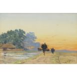 Charles Arthur Wirgman - Japanese villagers by water, watercolour on card, mounted and framed,