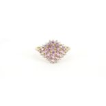 9ct gold pink sapphire and diamond cluster ring, size T, 3.2g :For Further Condition Reports