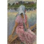 Manner of Kuzma Nikolayef - On the Lake, oil on board, inscribed verso, mounted and framed, 20.5cm x