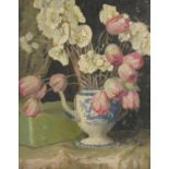 George Sheringham - Flowers in a coffee pot, watercolour, Kensington Art Gallery label verso,