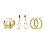 Three pairs of 9ct gold earrings including a pair set with crystals, the largest 2.2cm in length,